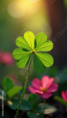 Clover leaf within a bright lens flare, Valentine's theme , texture, illustration