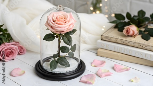 Elegant Preserved Rose in a Glass Dome, Isolated on a White Background, symbolizing eternal love and elegance, Professional Luxury Floral Decoration Stock Image