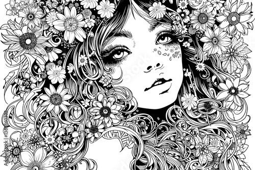 Woman with long hair and a flower crown on her head. She has a very serious expression on her face. vector