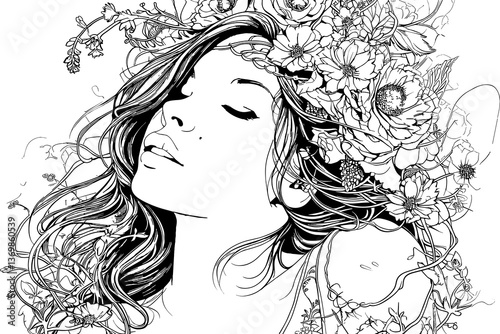Woman with long hair and a flower crown on her head. She has a very serious expression on her face. vector