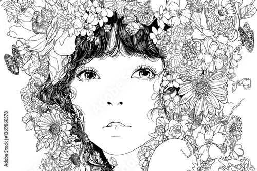 Woman with long hair and a flower crown on her head. She has a very serious expression on her face. vector