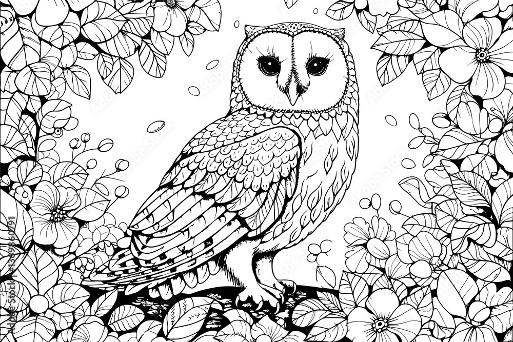 Fototapeta premium Vector illustration for coloring book. A drawing of a large owl perched on a branch. The image has a peaceful and serene mood, as the owl is surrounded by nature