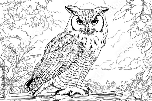 Vector illustration for coloring book. A drawing of a large owl perched on a branch. The image has a peaceful and serene mood, as the owl is surrounded by nature