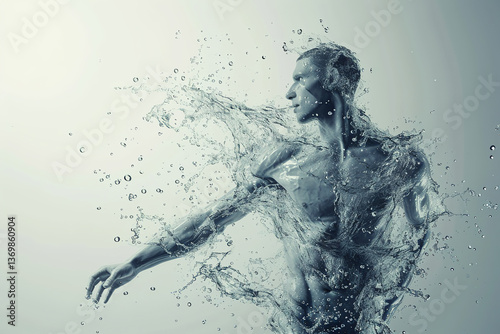 Athletic male figure surrounded by splashes of water, concept of strength, freedom, energy, freshness.