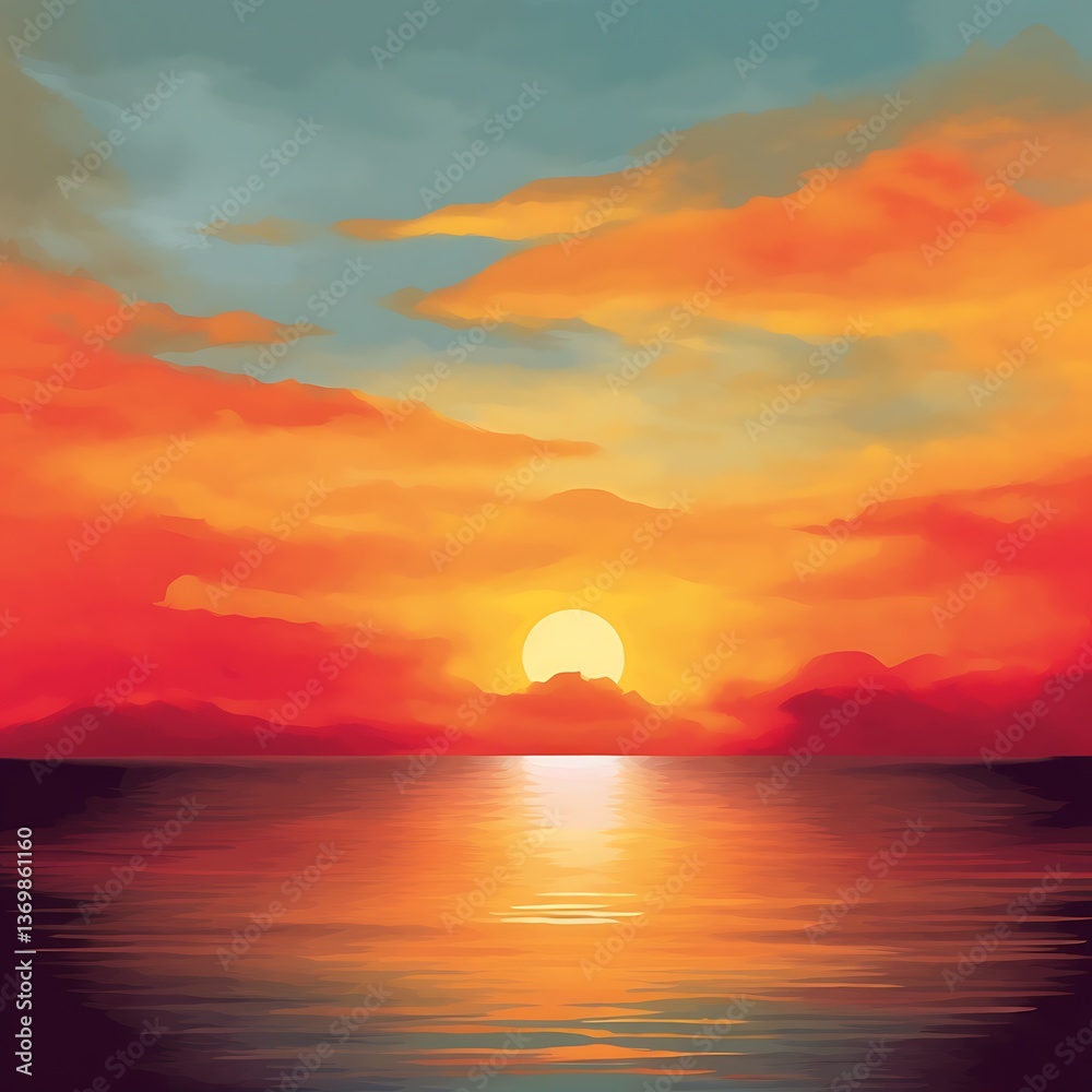 Fototapeta premium Serene Sunset Over Calm Ocean Mountains