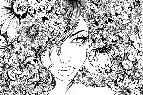 Woman with long hair and a flower crown on her head. She has a very serious expression on her face. vector