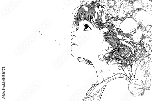 Woman with long hair and a flower crown on her head. She has a very serious expression on her face. vector