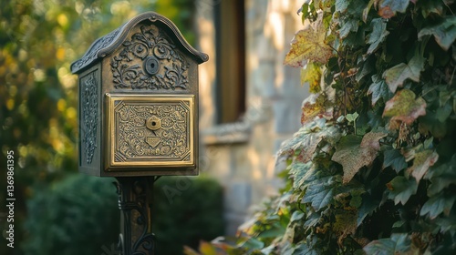 Antique brass mailbox with ornate carvings on a wrought iron post, set before a quaint ivy-covered cottage and lush garden.


