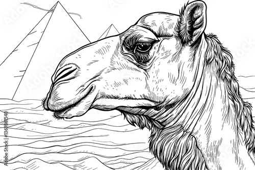 Camel is standing in front of the pyramids of Egypt. The camel is looking at the camera with a curious expression. The scene is set in a desert, with the pyramids in the background