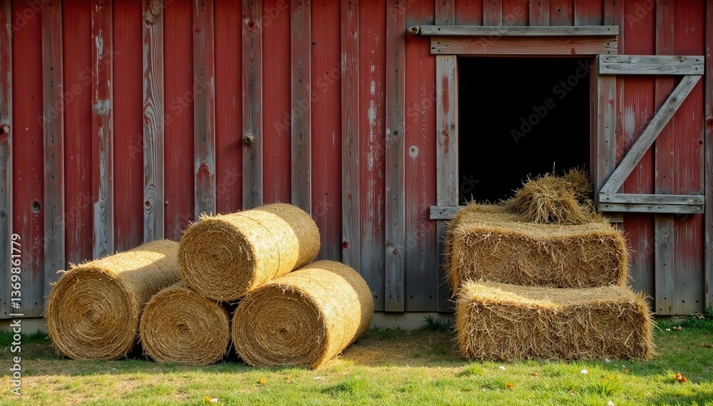 Hay bales stacked near the old wooden barn window , farm, landscape Hay bales stacked near the old wooden barn window , farm, landscape
