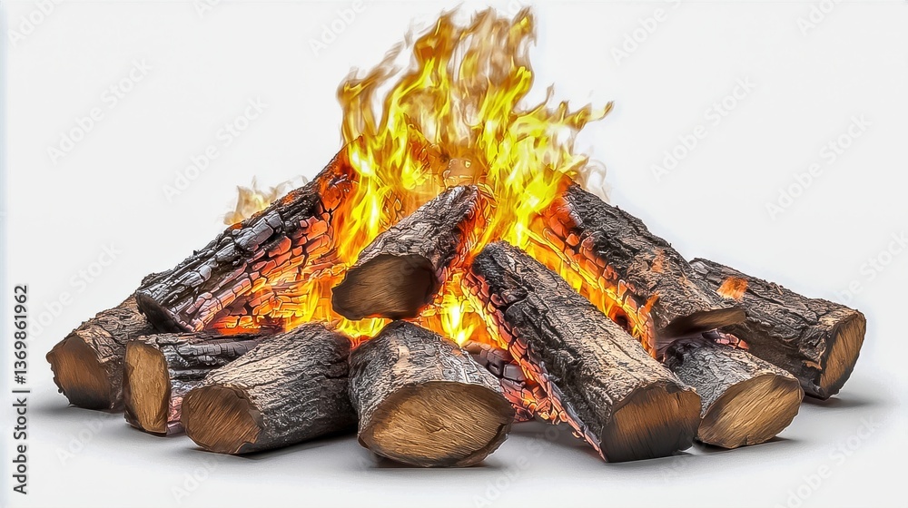 Obraz premium A roaring bonfire of wood logs creates a magnificent blaze, with dancing flames and intense heat, as the wood keeps burning and leaving behind glowing embers like a huge campfire.
