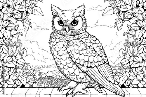 Vector illustration for coloring book. A drawing of a large owl perched on a branch. The image has a peaceful and serene mood, as the owl is surrounded by nature