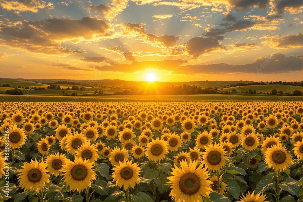 Fototapeta premium Vast sunflower field under golden sunset sky, creative style, countryside background, concept of summer beauty and natural abundance, Ai generative