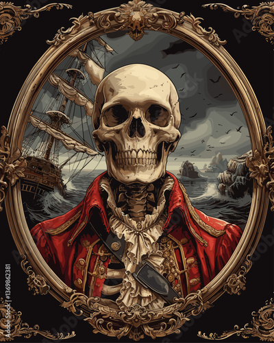 pirate with a skull on his head is standing on a ship in the ocean. vector illustration