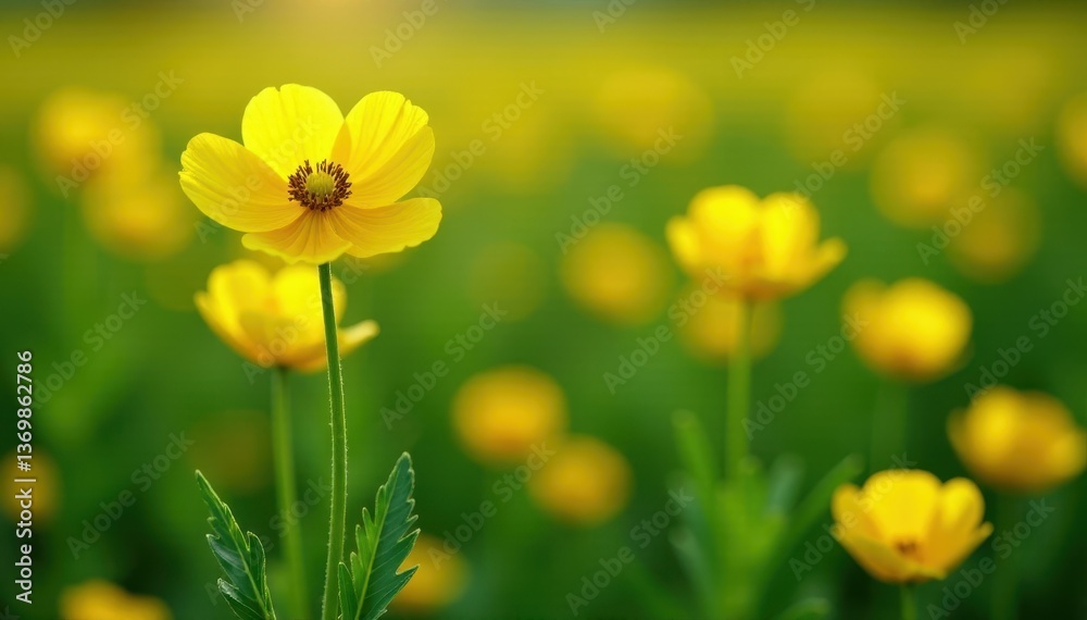 Fototapeta premium Papaveraceae family plant with yellow flowers and lobed leaves in a field, green, botanical