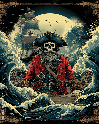 pirate with a skull on his head is standing on a ship in the ocean. vector illustration