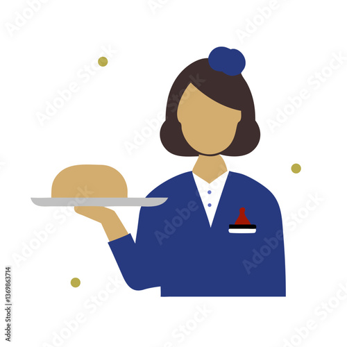 Airport food service icon, smiling woman, serving dish, colorful illustration representing hospitality concept