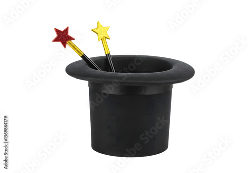 Black magician's hat with star-tipped magic wands isolated on a white background, capturing the essence of illusion and mystery in performance art.