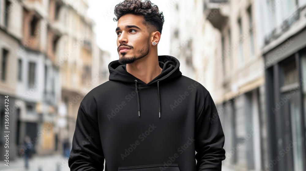 Fototapeta premium Urban Portrait Man in Black Hoodie, City Street Backdrop,Fashion, Menswear