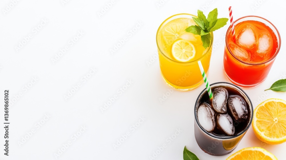 Fototapeta premium Top-View of Colorful Summer Drinks with Ice and Straws on White Background, Cocktail , Refreshment
