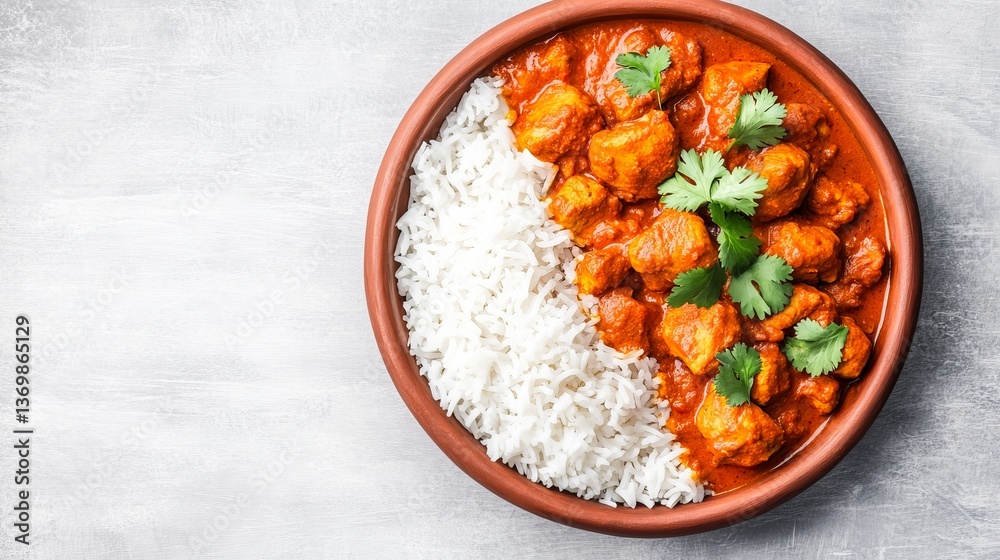 Top-Down Shot Chicken Tikka Masala and Rice in Bowl,Delicious ,Indian Cuisine Top-Down Shot Chicken Tikka Masala and Rice in Bowl,Delicious ,Indian Cuisine