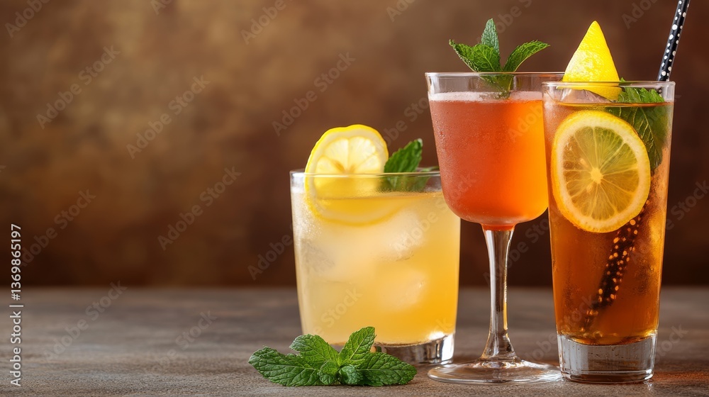 Fototapeta premium Three Refreshing Lemon Drinks Summer Mocktails with Mint, Beverages, Cocktails