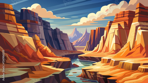 deep canyon with steep rocky walls and earthy tones, Highly detailed vector illustration