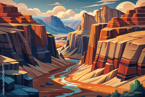 deep canyon with steep rocky walls and earthy tones, Highly detailed vector illustration