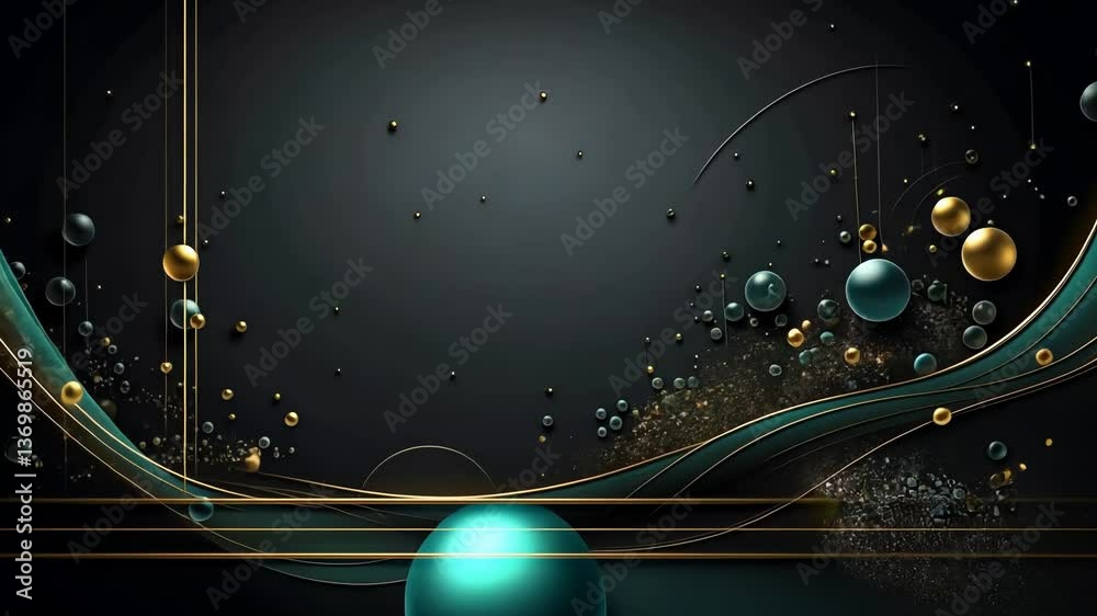 Dark teal and gold abstract background with spheres and waves