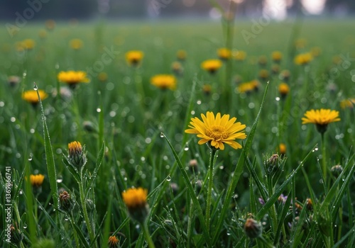Beautiful Yellow Daisies in Dew-Soaked Green Field: A Serene Morning Landscape Captured Outdoors