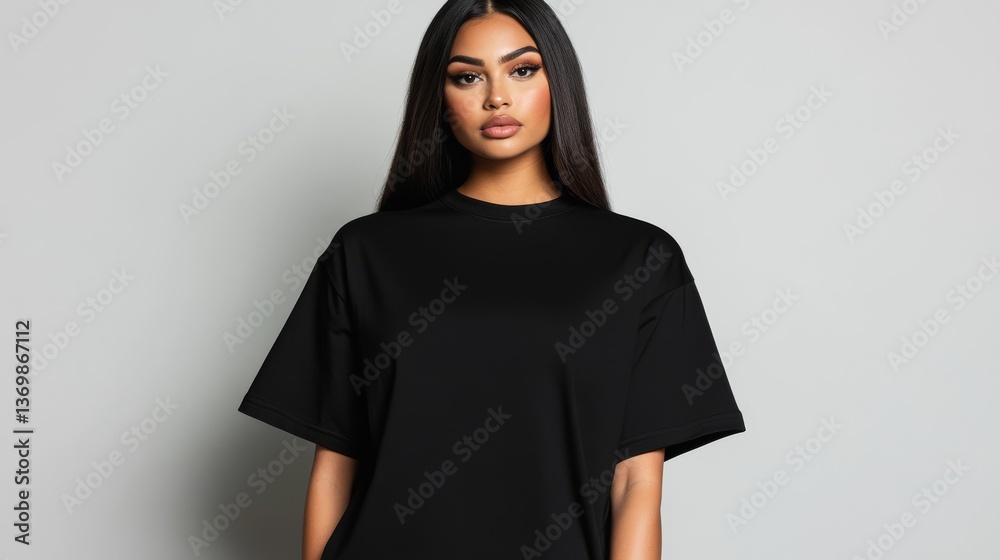 Fototapeta premium Model in Black Tee Studio Portrait on Grey Backdrop, fashion , apparel