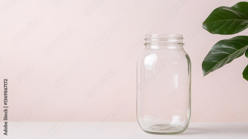Minimalist Still Life Empty Glass Bottle with Leaf on Light Pink Backdrop, Still Life , Minimalism Minimalist Still Life Empty Glass Bottle with Leaf on Light Pink Backdrop, Still Life , Minimalism