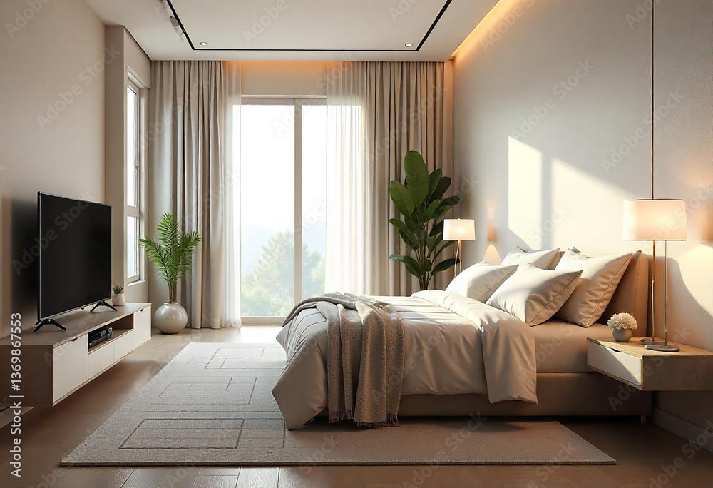 Fototapeta premium Modern minimalist bedroom with cozy lighting, large window, and elegant decor. Neutral tones create a warm and inviting atmosphere for relaxation.