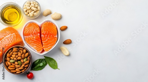 Wallpaper Mural Healthy Fats Still Life Salmon, Nuts, Oil on White, Heart Health , Omega-3 Torontodigital.ca