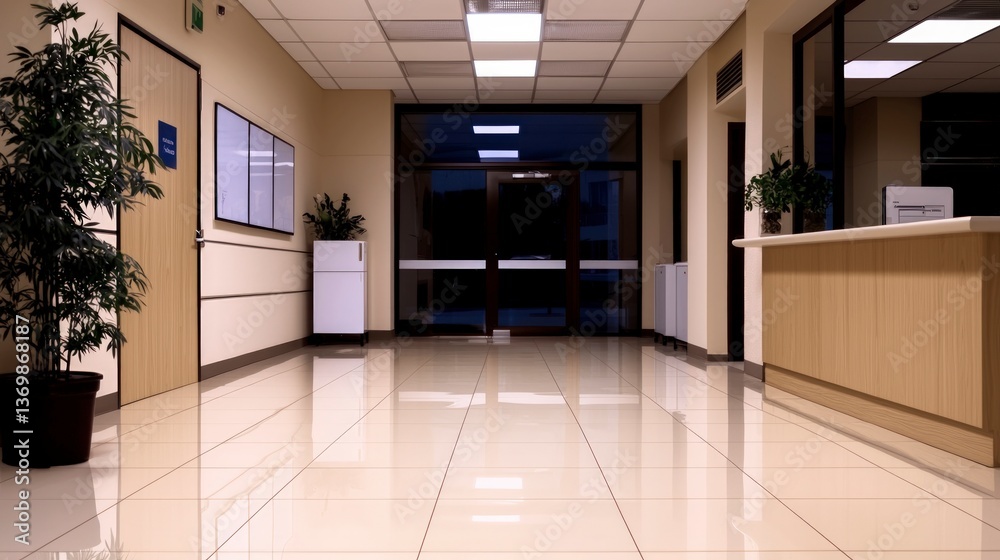 Obraz premium Modern Office Building Interior Hallway with Polished Floors and Glass Doors