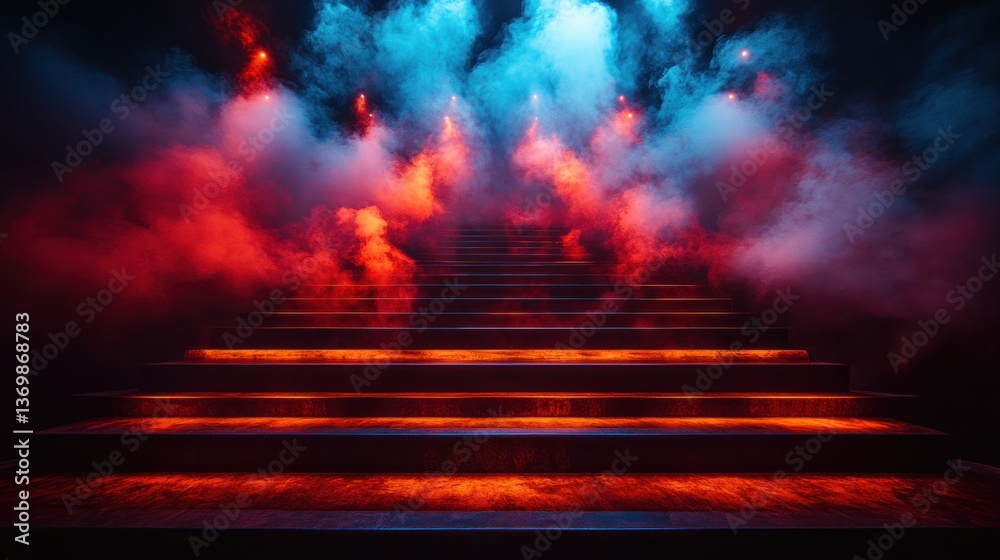 Fototapeta premium Mysterious Stairway to the Unknown: Neon Lights and Enigmatic Smoke