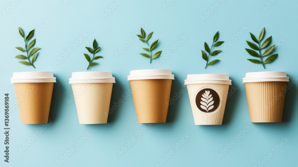Obraz premium Eco Coffee Cups with Green Leaves on Blue, Sustainability ,Coffee