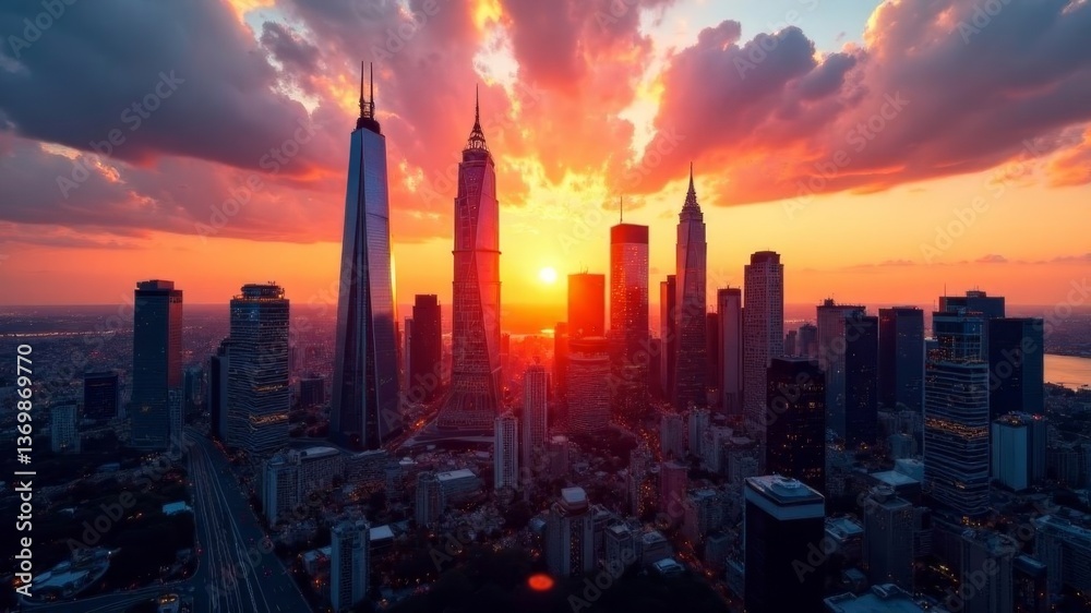 Fototapeta premium Futuristic city skyline at vibrant sunset with glowing urban lights and tall towers.