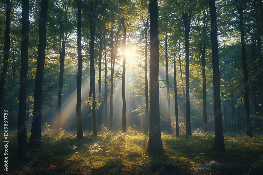 Obraz premium Magical Sunbeams Illuminating Misty Forest at Dawn Tranquil Nature Scene