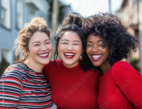 Three women happily pose for a picture on a lively city street