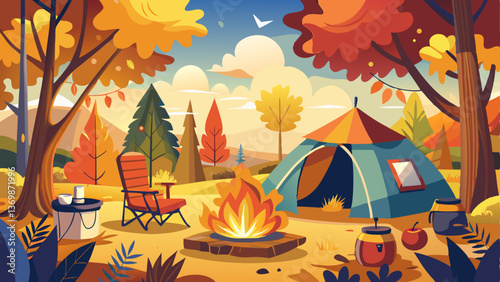 A charming fall camping setup with a tent, crackling fire, and grilled food under golden leaves