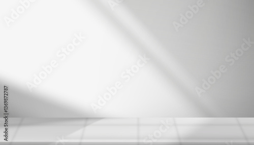 Background White Wall Studio Room with Light,Shadow on Table Top,Grey Backdrop for Spring,Summer product presentation,Empty 3D Display Kitchen Room with Stand for Web Banner in Autumn or Winter