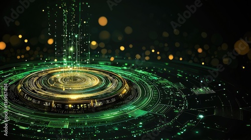 Futuristic green digital background with glowing circular patterns and data flow elements.