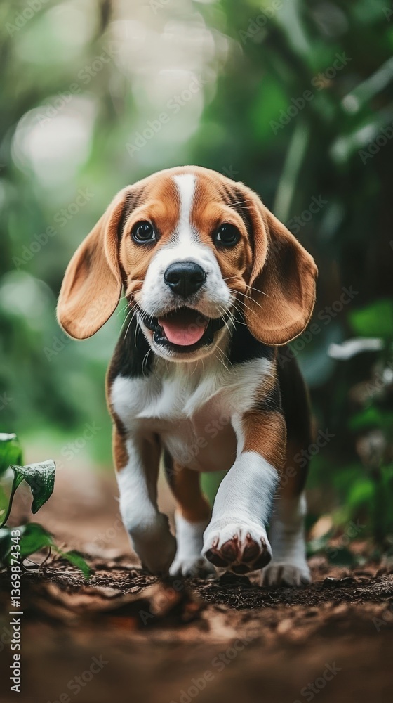 Beagle puppy exploring a lush forest path Beagle puppy exploring a lush forest path