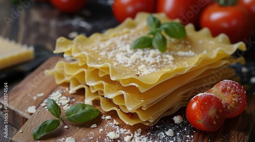 Dried uncooked lasagna pasta sheets with fresh tomato, italian cuisine ingredients, traditional cooking, homemade meal preparation, authentic mediterranean food