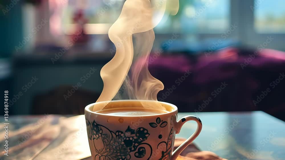 Freshly brewed coffee releases steam in a sunlit room, creating a warm and inviting ambiance on a vibrant tablecloth, perfect for a relaxed morning.