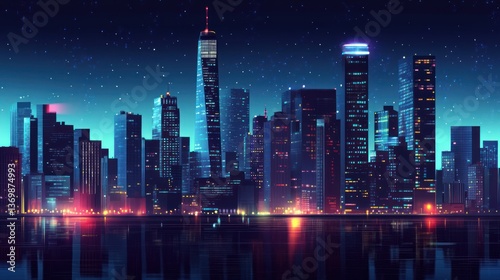 Wallpaper Mural Night cityscape skyline with illuminated skyscrapers reflected in water Torontodigital.ca