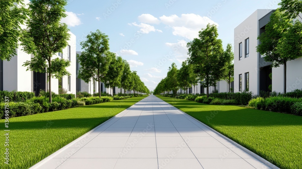 Serene City Walkway Surrounded by Lush Greenery and Modern Architecture in Daylight Serene City Walkway Surrounded by Lush Greenery and Modern Architecture in Daylight