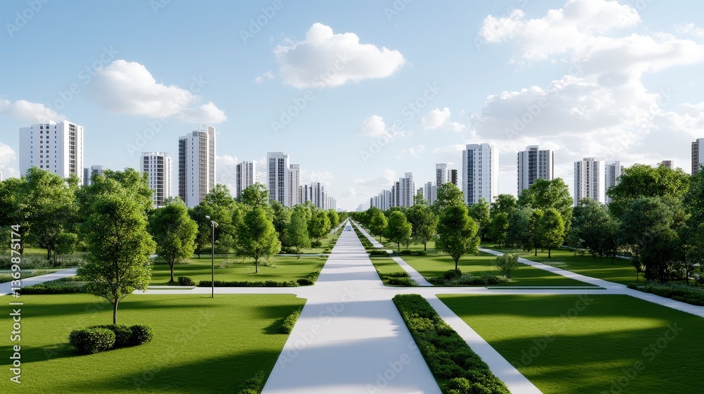 Expansive Urban Park with Wide Walkways and Lush Greenery under Clear Blue Sky Expansive Urban Park with Wide Walkways and Lush Greenery under Clear Blue Sky