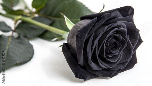 Luxury Single Black Rose with Velvety Petals, Isolated on a White Background, symbolizing mystery, elegance, and uniqueness, High-Resolution Elegant Floral Stock Photo